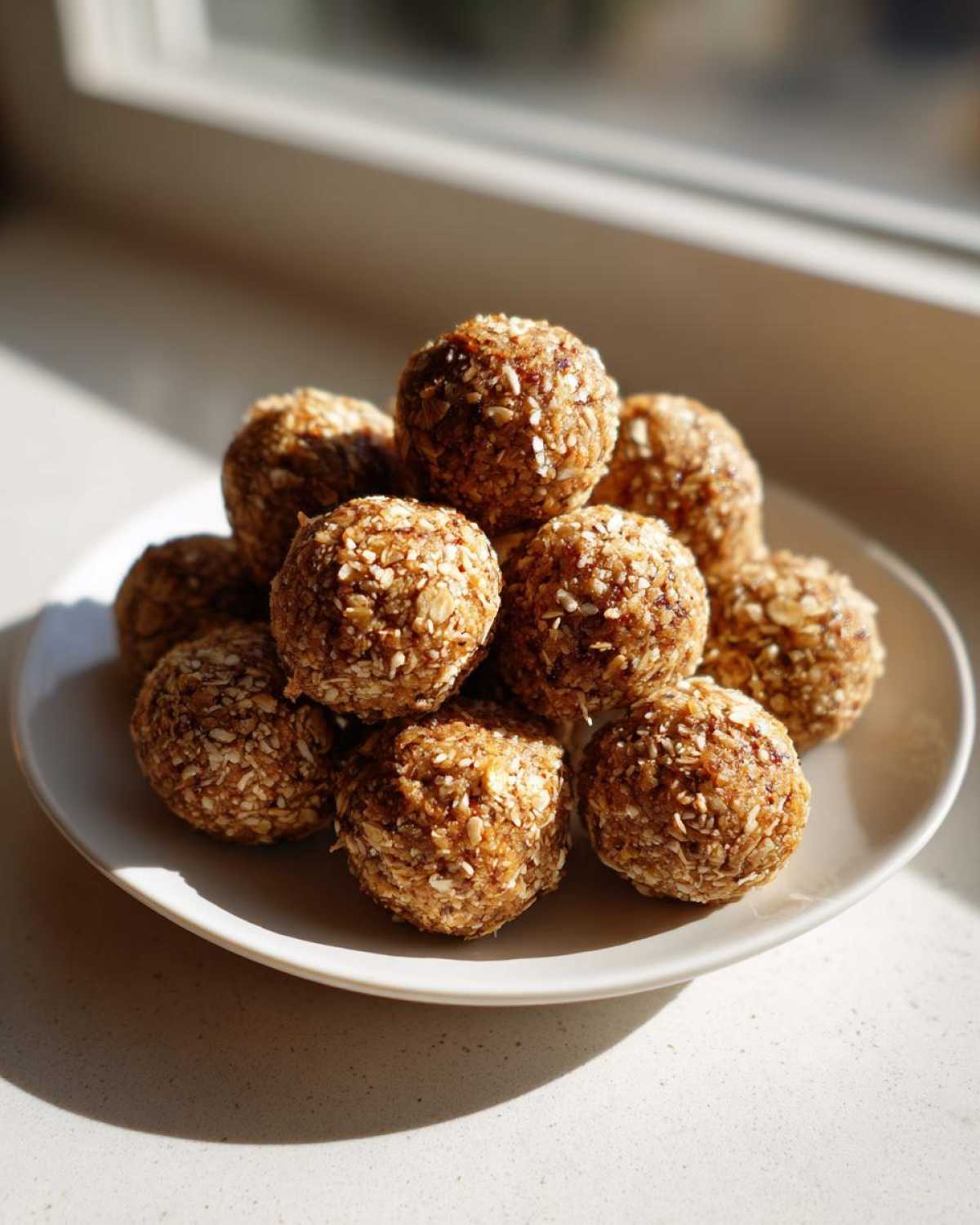 A stack of homemade, no-bake protein balls coated in oats and coconut flakes sitting on a white plate.