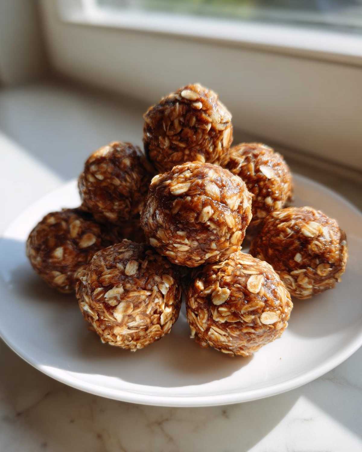 A stack of homemade, no-bake protein balls made with visible oats, sitting on a white plate near a window.