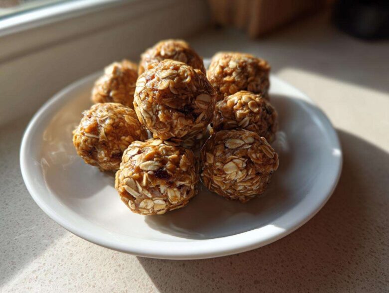 A small pile of homemade, oat-covered protein balls resting on a white plate near a window.