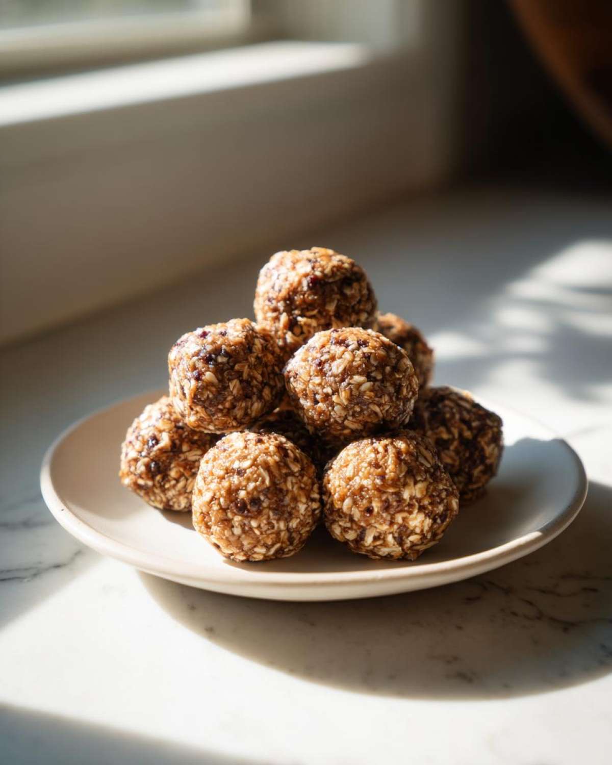 A stack of homemade, oat-covered protein balls sitting on a small white plate near a window.
