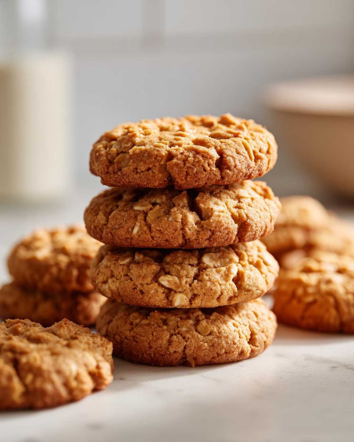 A stack of four golden brown oatmeal breakfast cookie cookies on a marble surface, with a glass of milk blurred in the background.