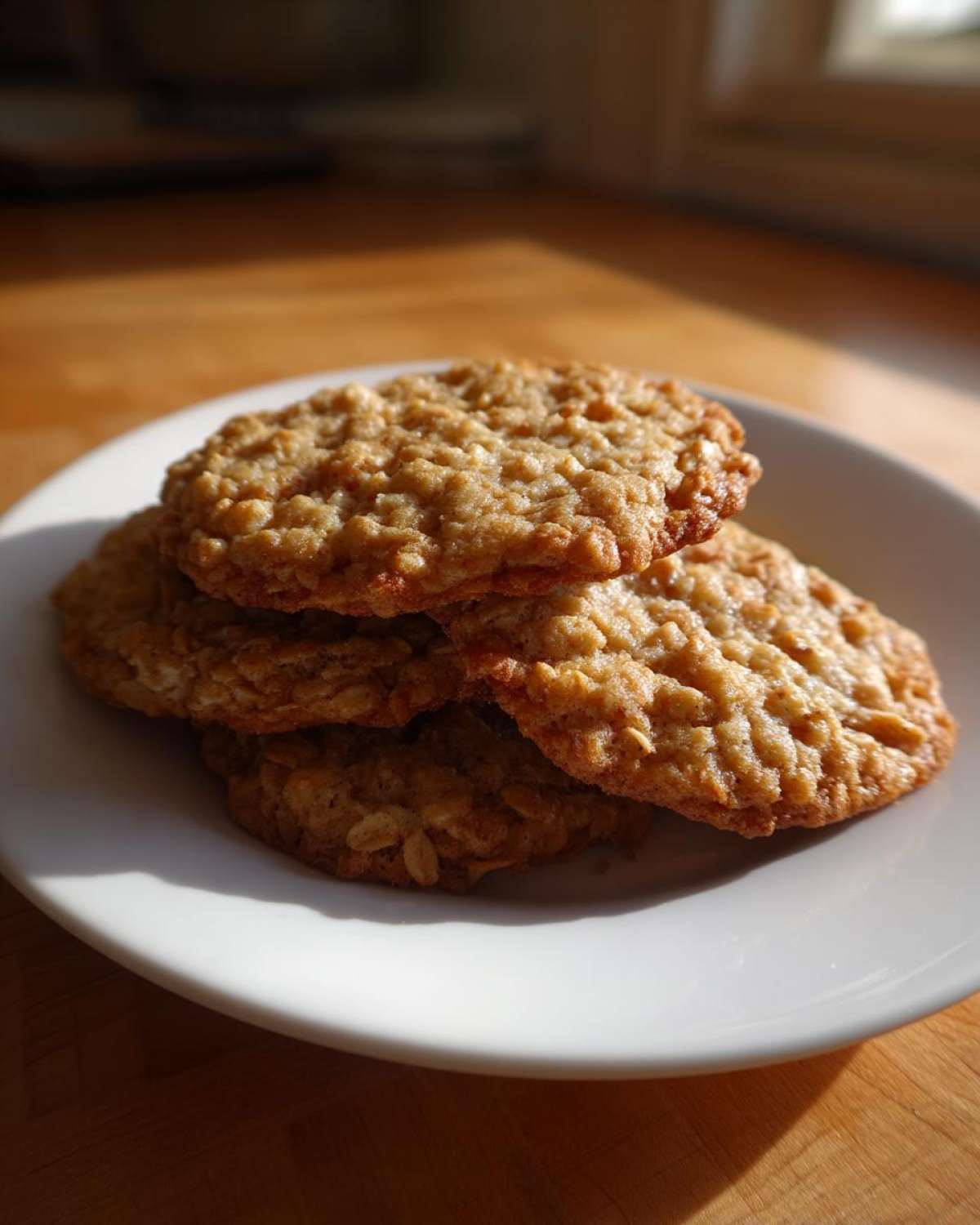 A stack of four freshly baked, chewy oatmeal cookie treats resting on a white plate.