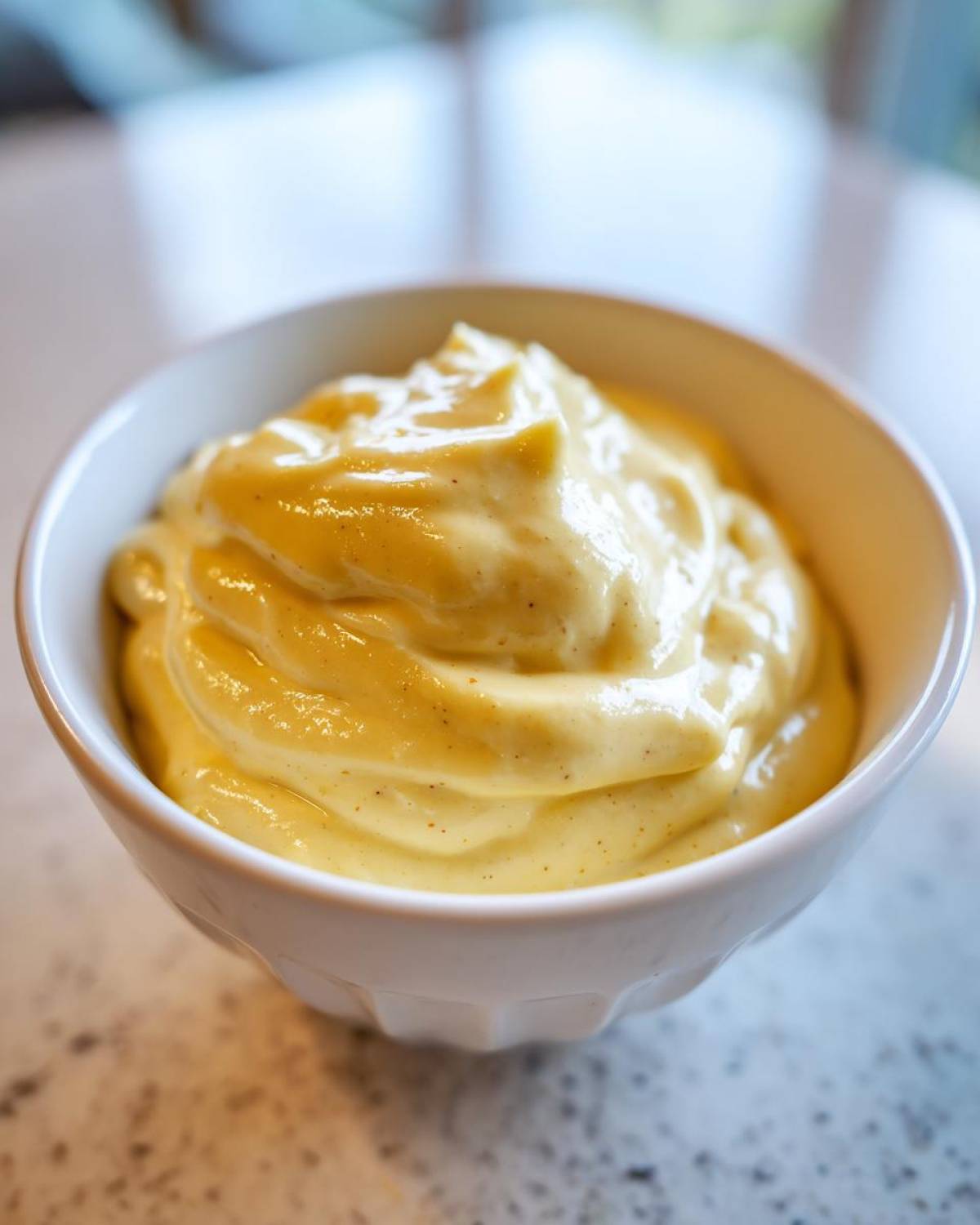 A close-up of thick, creamy, yellow Olive Garden Alfredo Sauce served in a small white bowl.