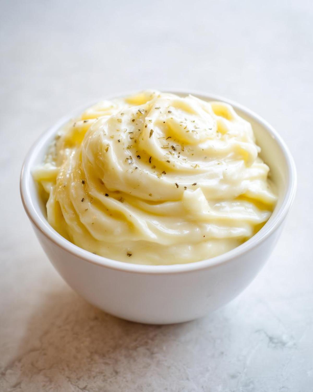 A close-up of thick, creamy Olive Garden Alfredo Sauce swirled in a small white bowl and sprinkled with herbs.