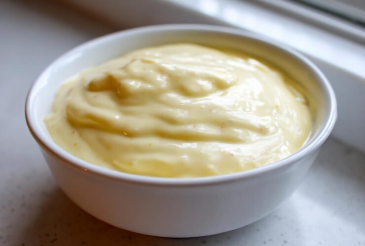 Close-up of creamy, rich Olive Garden Alfredo Sauce served in a small white bowl.