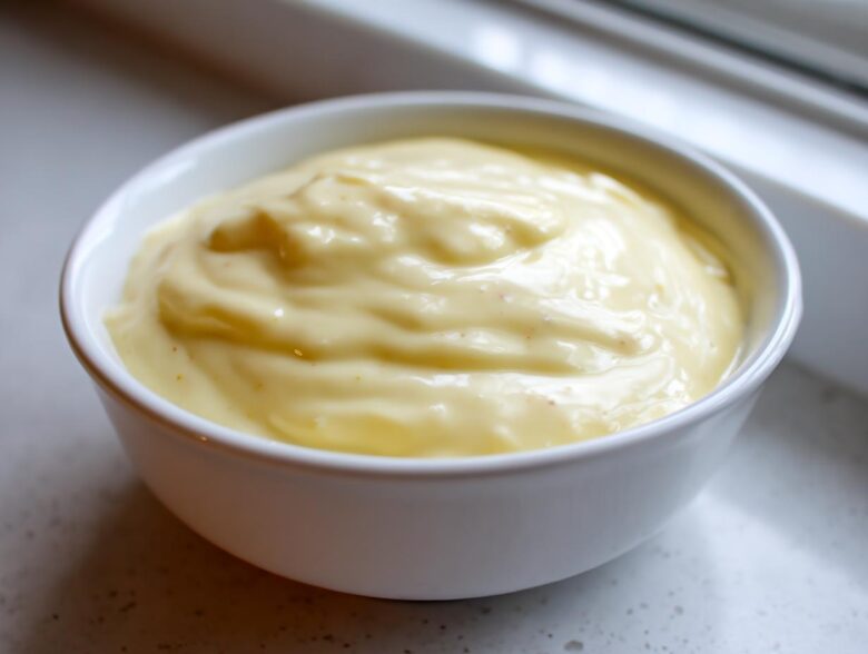 Close-up of creamy, rich Olive Garden Alfredo Sauce served in a small white bowl.