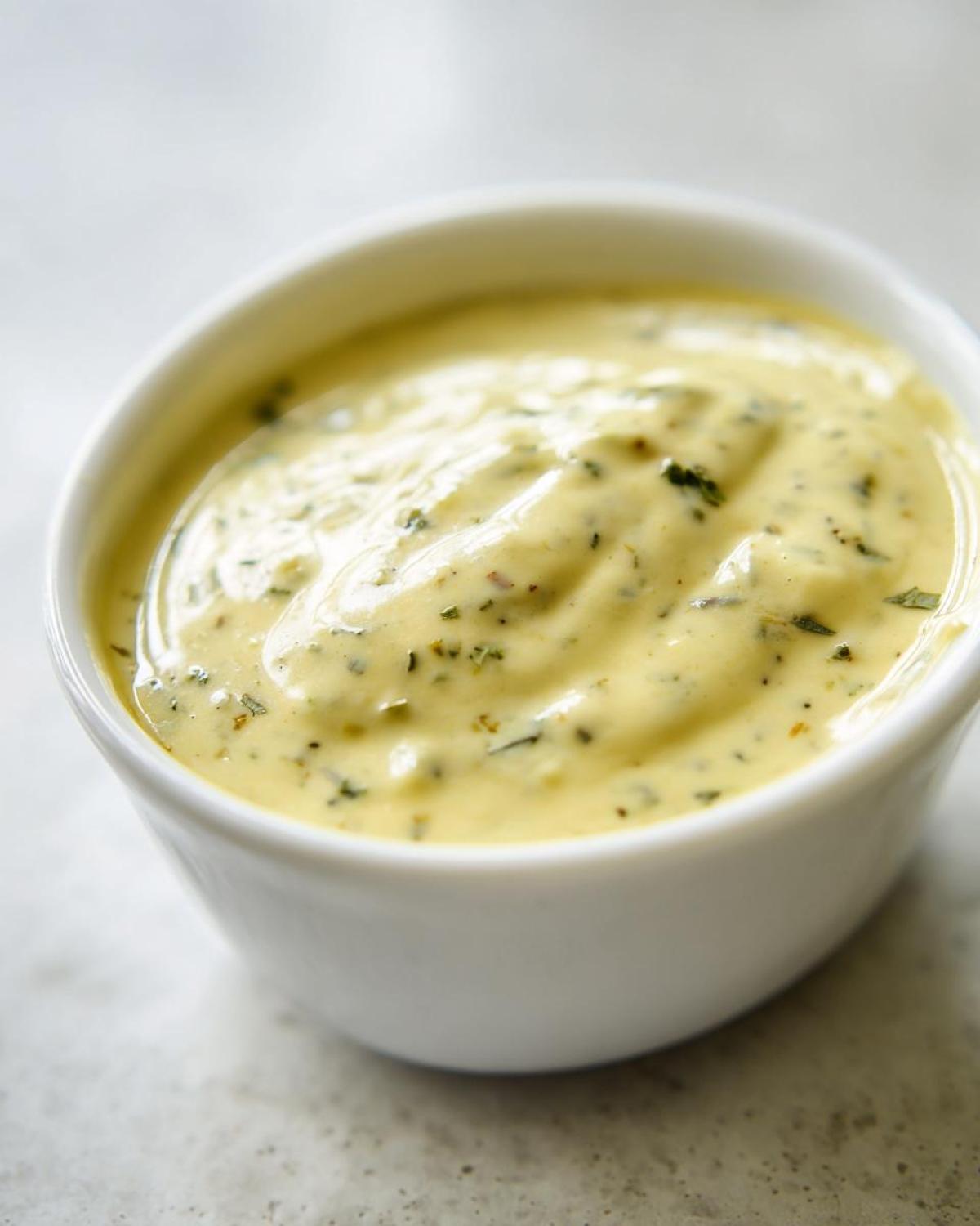 Close-up of rich, creamy Olive Garden Alfredo sauce speckled with herbs in a small white bowl.