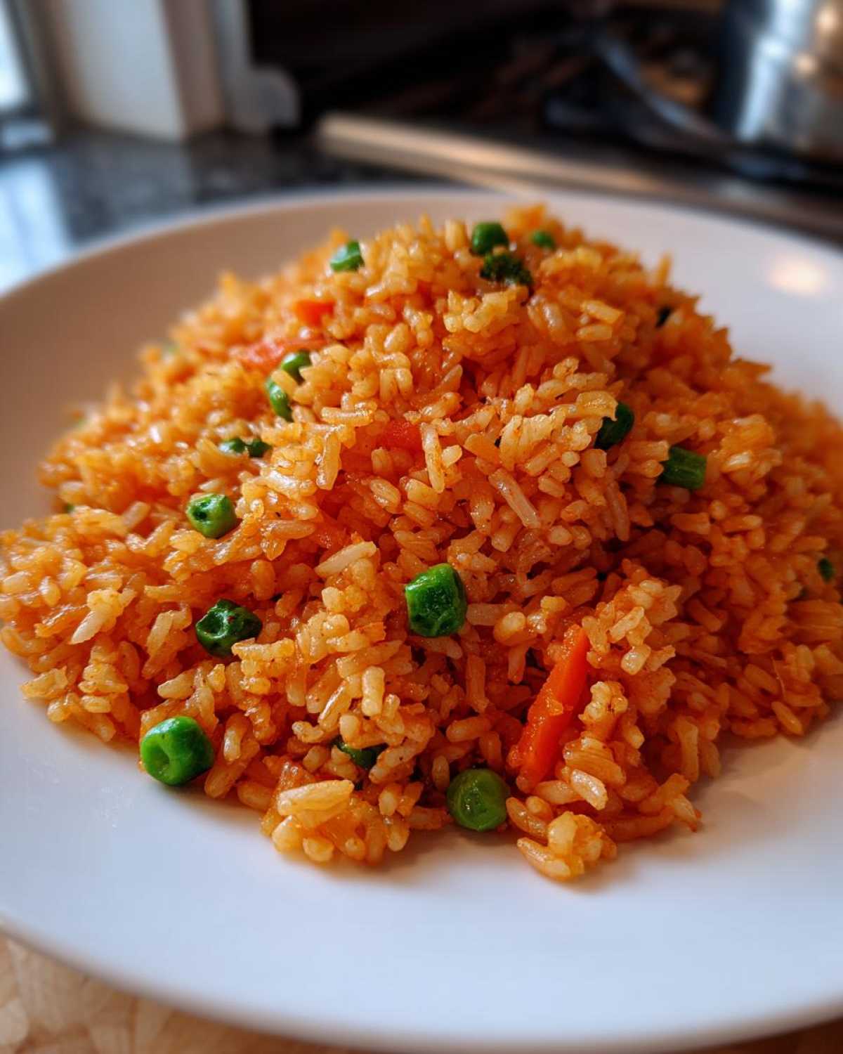 A close-up of a mound of vibrant orange spanish rice mixed with bright green peas and diced carrots on a white plate.