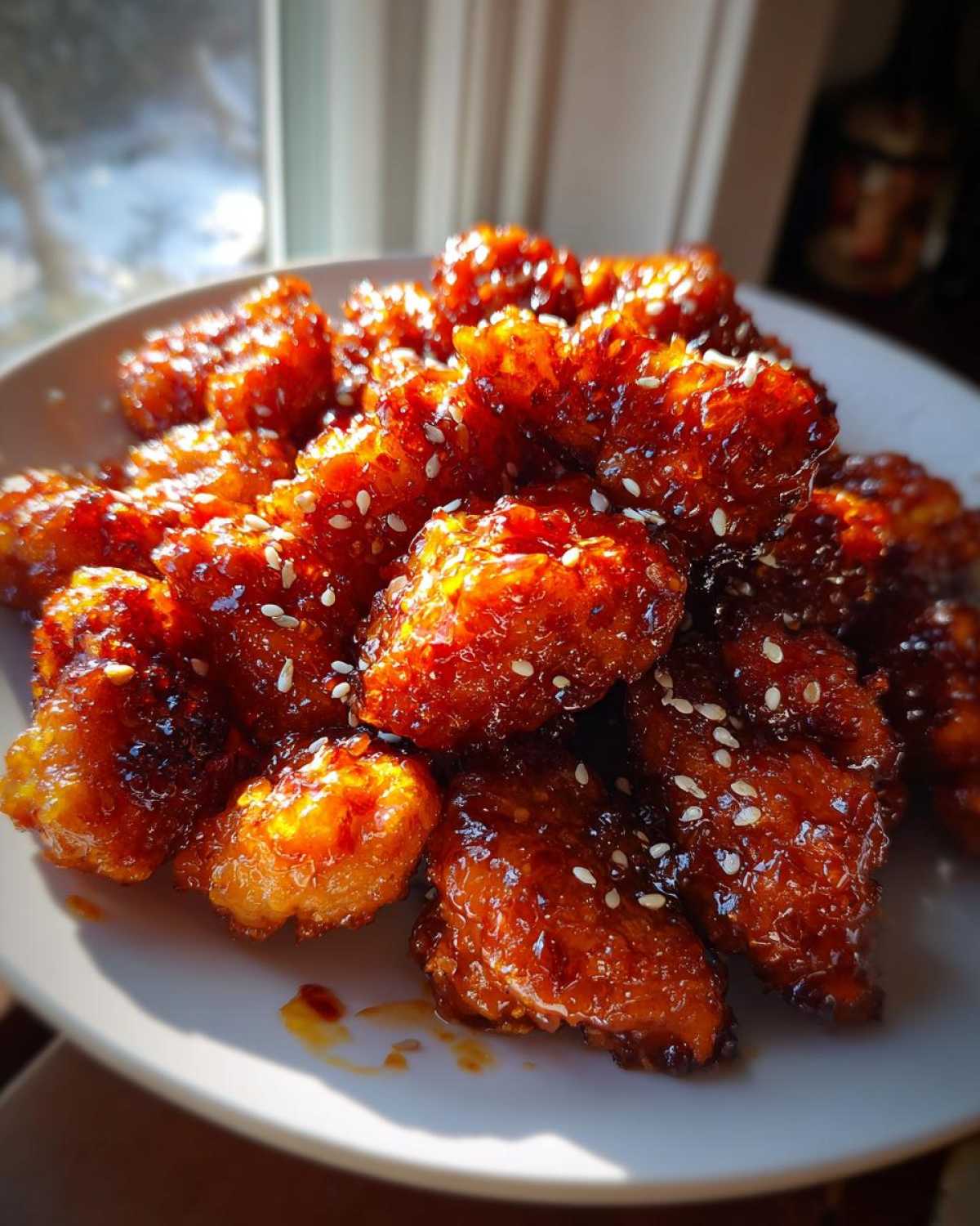 Close-up of crispy chicken pieces coated in shiny, dark orange glaze and sprinkled with sesame seeds from the orange chicken recipe.