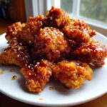 Close-up of crispy chicken pieces coated in a thick, glossy sauce, part of the orange chicken recipe, garnished with sesame seeds.