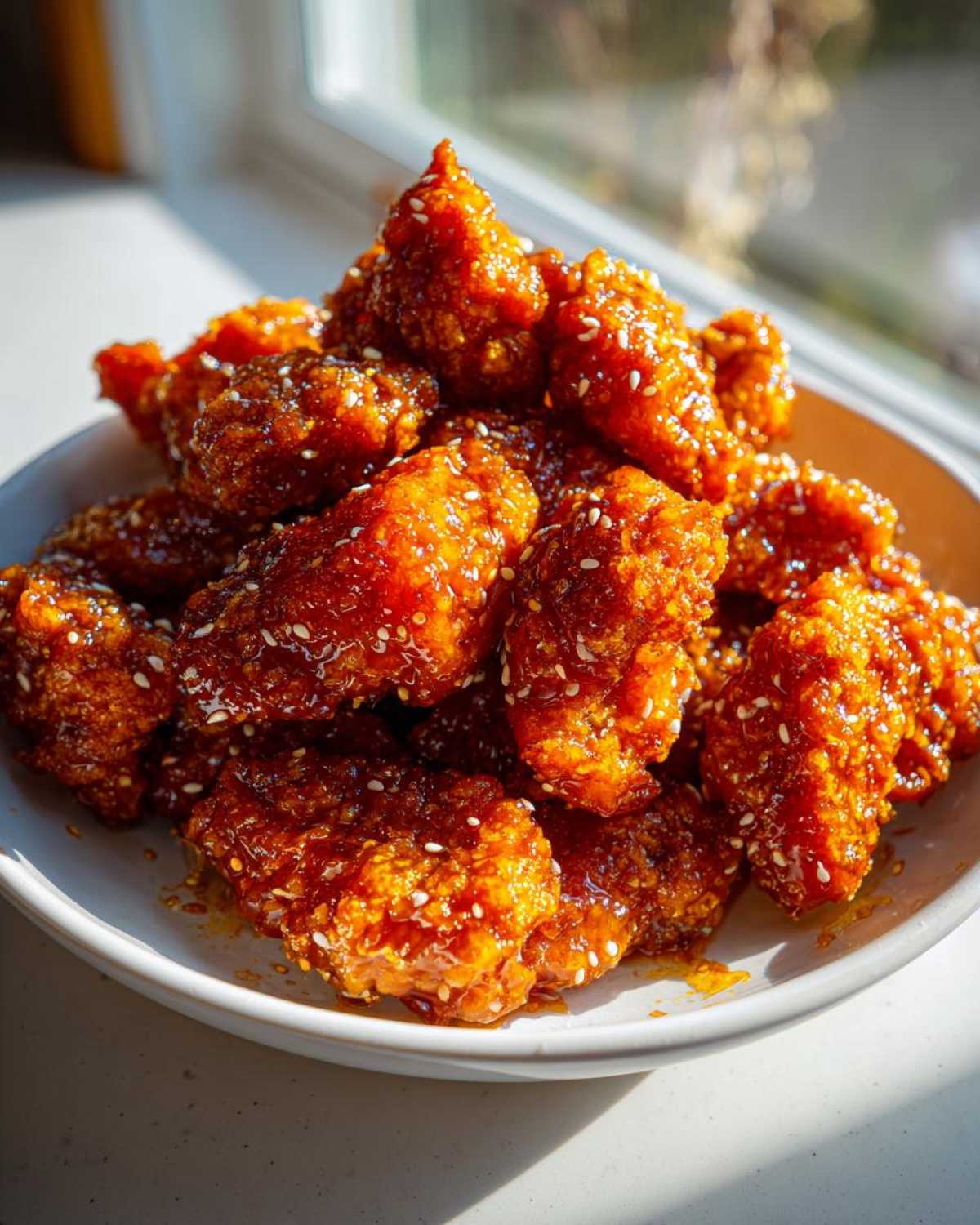 A mound of crispy, glazed orange chicken recipe pieces sprinkled with white sesame seeds, served on a white plate.
