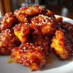 Close-up of crispy, glazed pieces of orange chicken recipe piled on a white plate and sprinkled with sesame seeds.