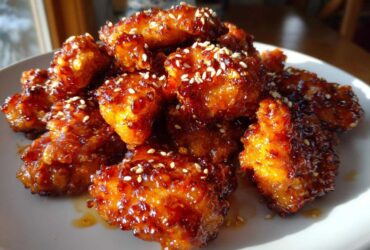 Close-up of crispy, glazed pieces of orange chicken recipe piled on a white plate and sprinkled with sesame seeds.