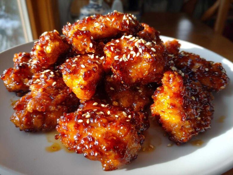 Close-up of crispy, glazed pieces of orange chicken recipe piled on a white plate and sprinkled with sesame seeds.