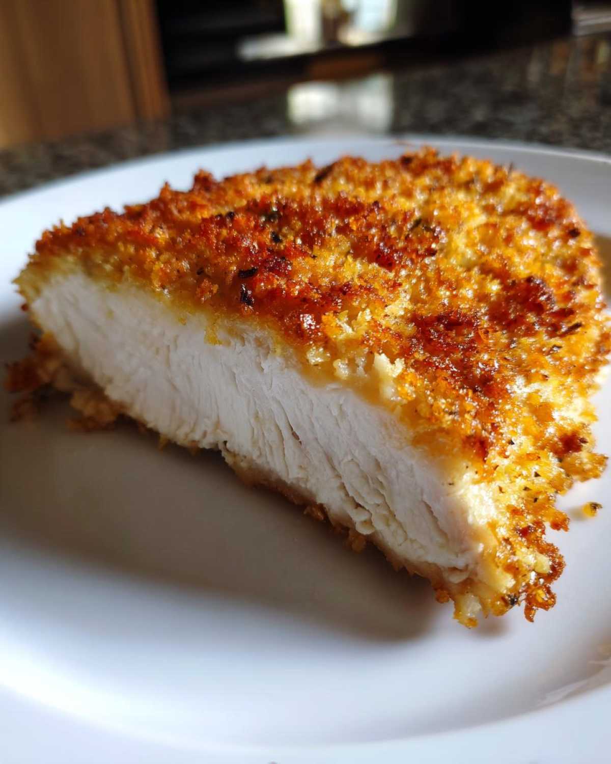 Cross-section of juicy parmesan crusted chicken showing white meat and golden brown crust.