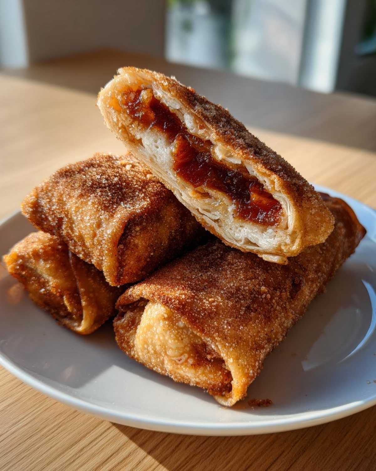Close-up of crispy peach cobbler egg rolls dusted in cinnamon sugar, one cut open showing the filling.