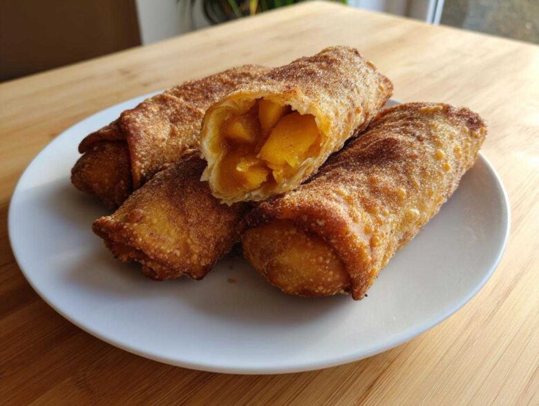 Four crispy, golden-brown peach cobbler egg rolls dusted with cinnamon sugar, one cut open to show the warm peach filling.