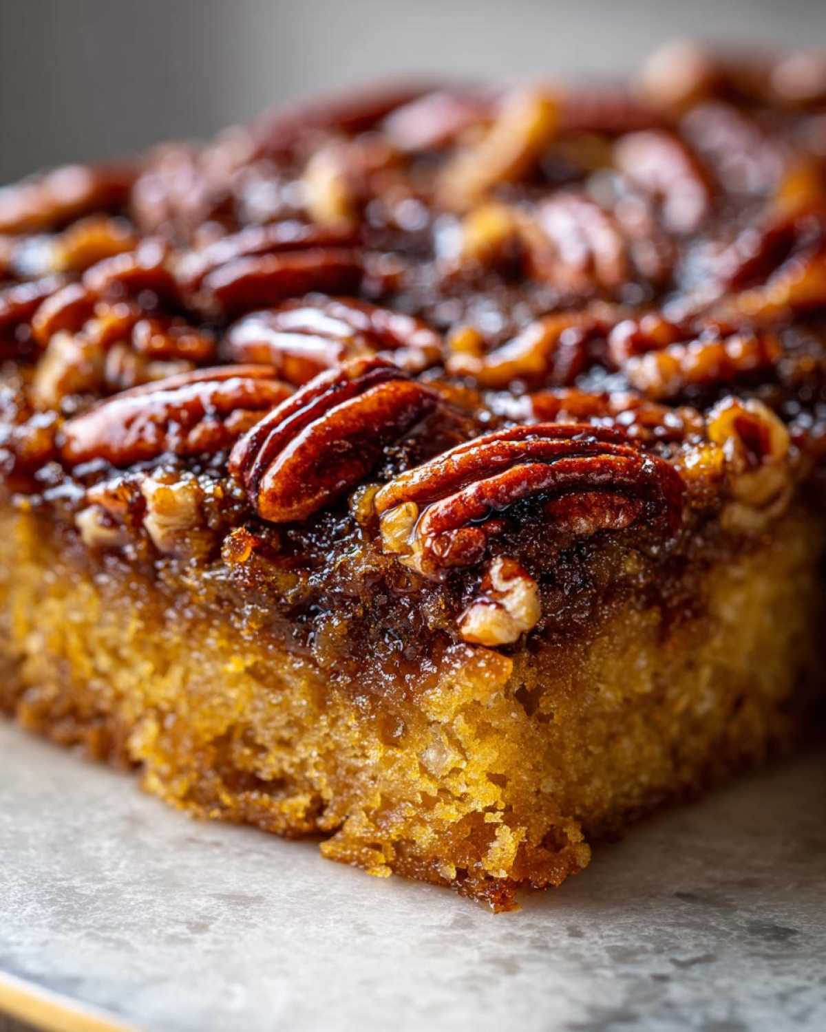 A close-up, macro shot of a moist slice of pecan upside down cake showing the sticky caramel topping and pecans.
