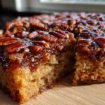 A close-up view of a slice cut from a glossy pecan upside down cake, showing the sticky topping and moist crumb.