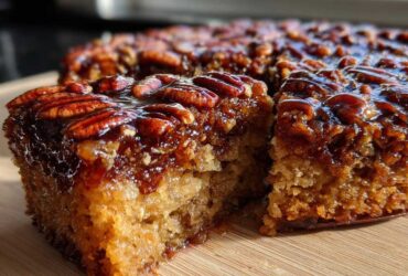 A close-up view of a slice cut from a glossy pecan upside down cake, showing the sticky topping and moist crumb.