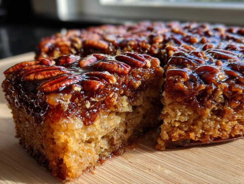 A close-up view of a slice cut from a glossy pecan upside down cake, showing the sticky topping and moist crumb.