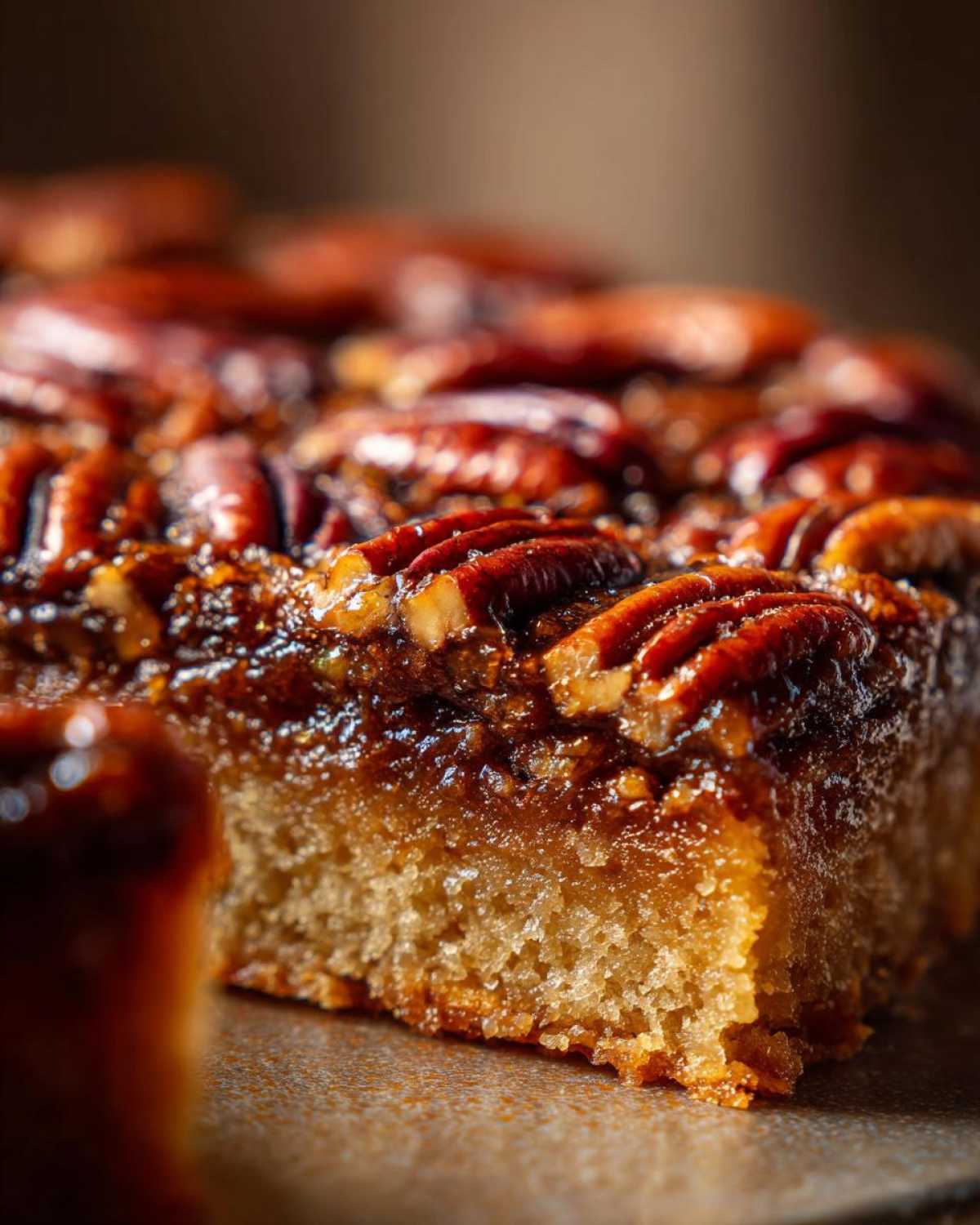 A close-up, macro shot showing the moist crumb and sticky, caramelized pecan topping of the pecan upside down cake.