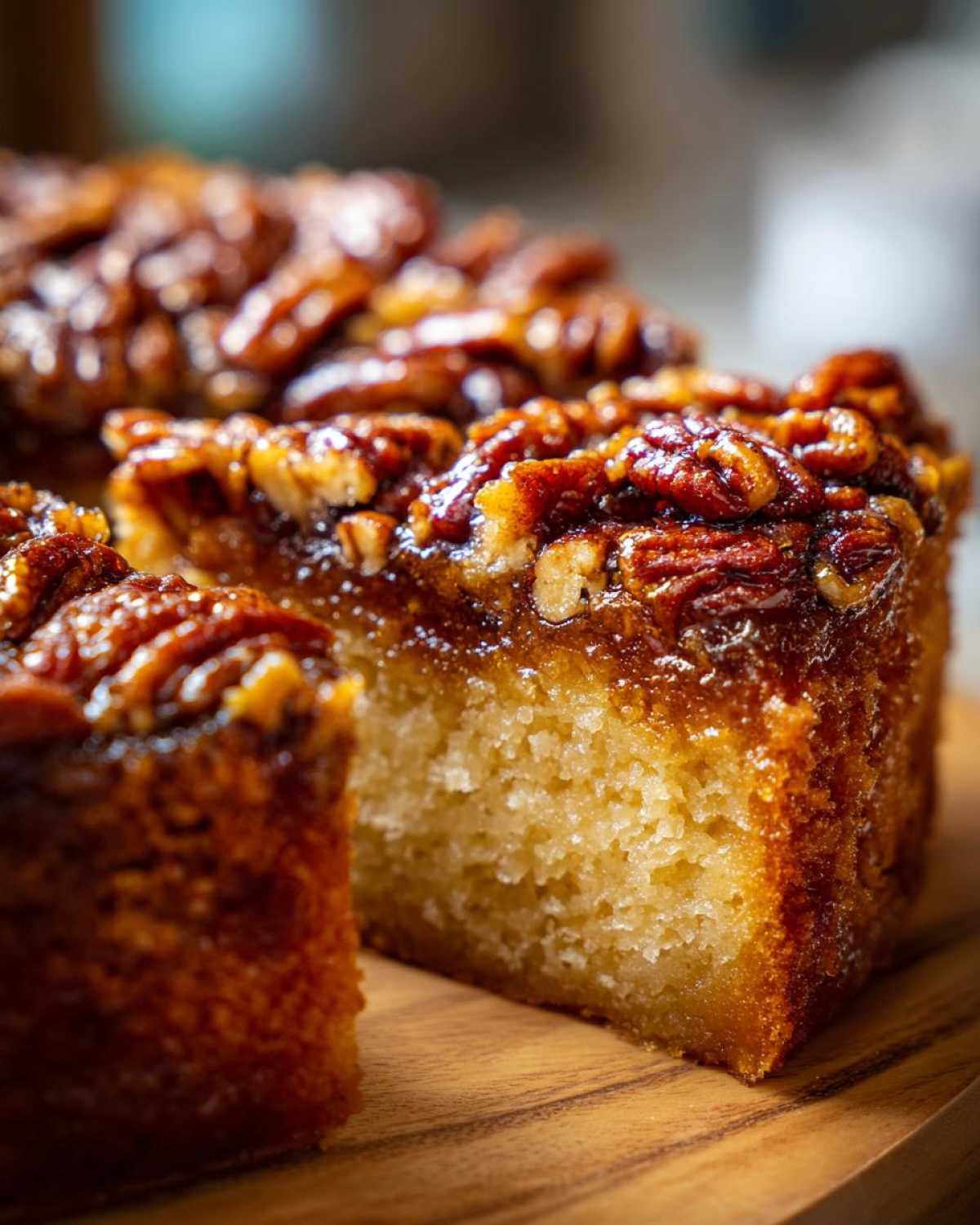 A close-up view of a slice of pecan upside down cake showing the moist crumb and sticky, caramelized pecan topping.