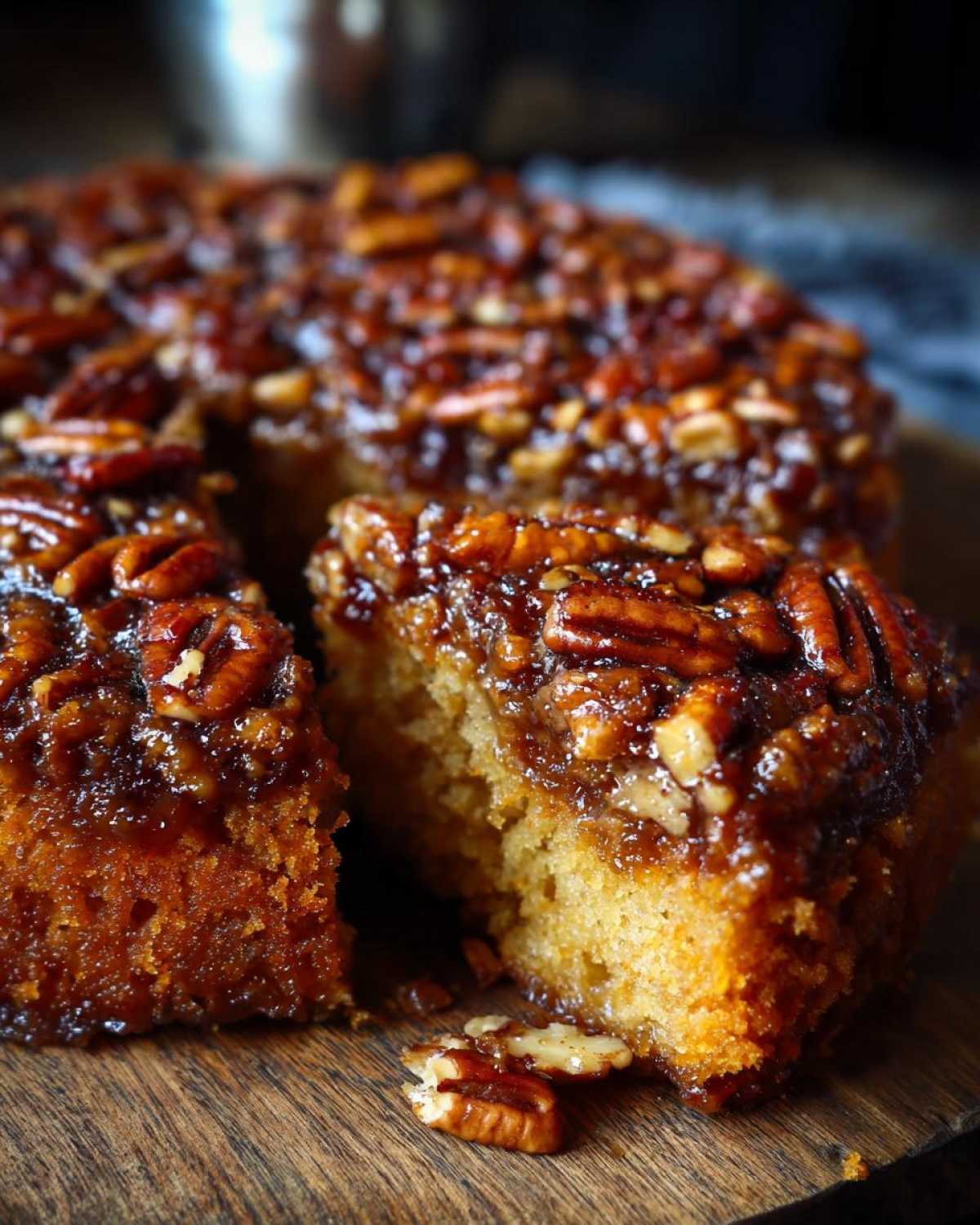 A close-up shot of a slice being removed from a glorious pecan upside down cake, showing the gooey caramel topping.