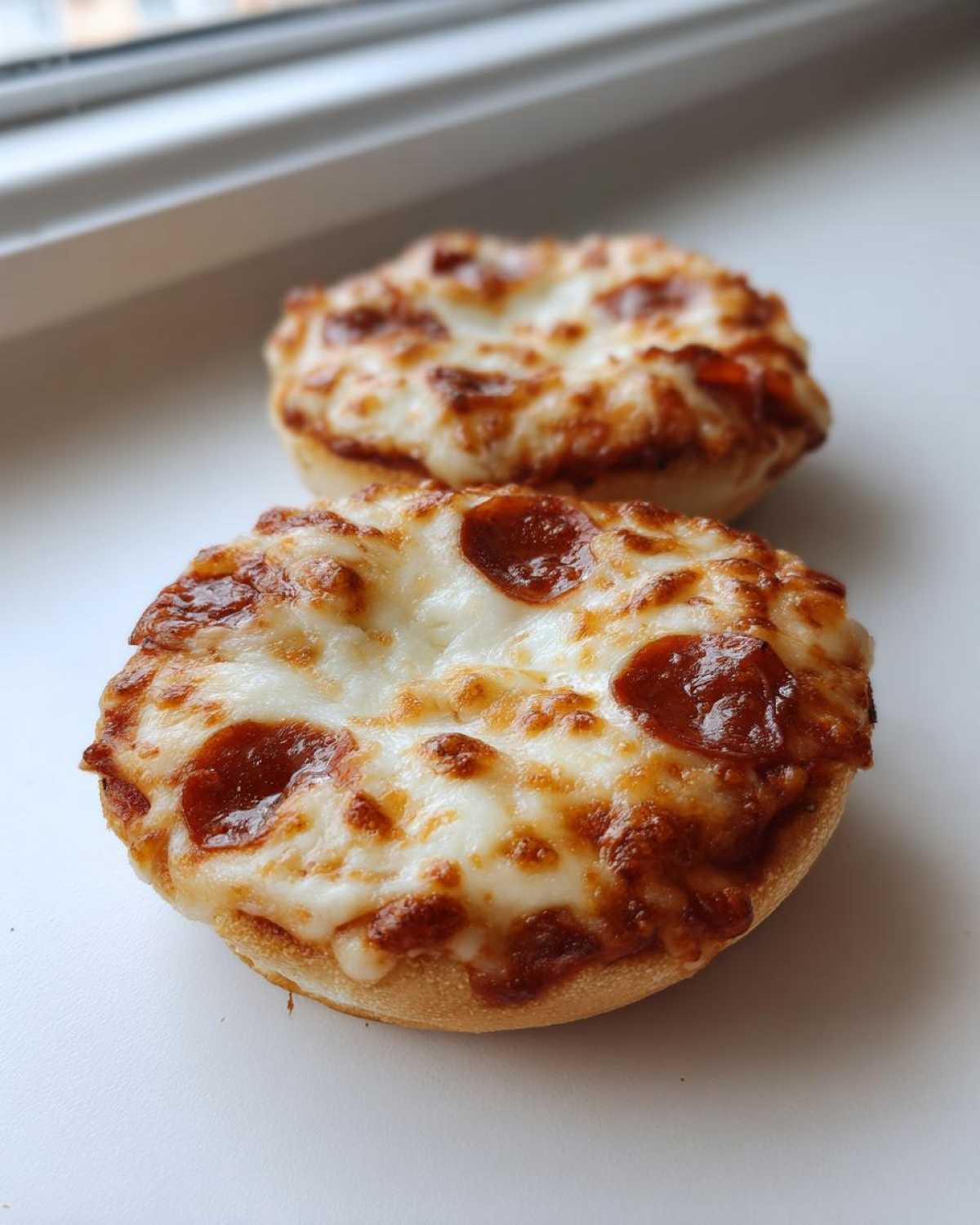 Two freshly baked pepperoni english muffin pizza halves topped with melted, bubbly cheese.