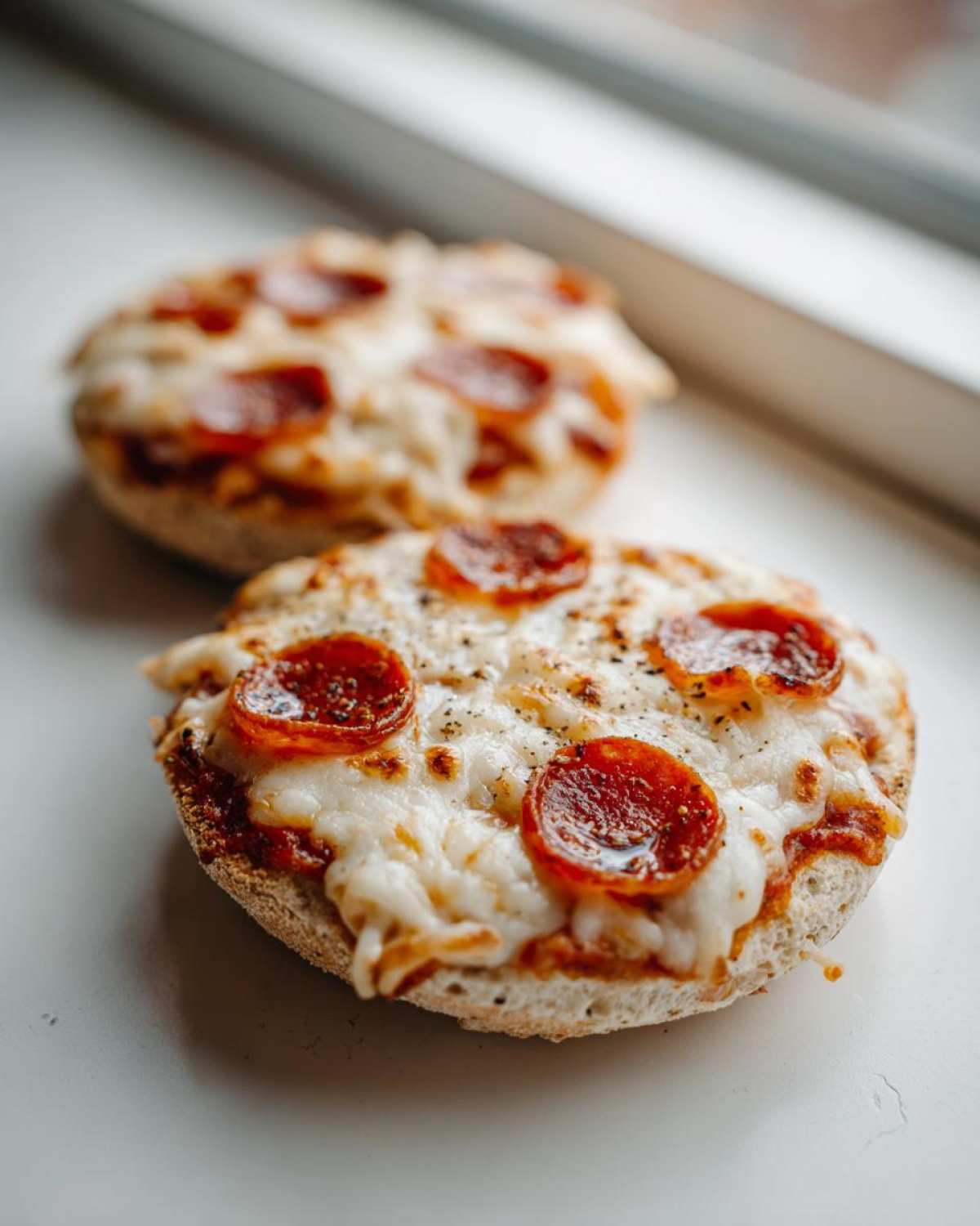 Two freshly baked pepperoni english muffin pizza halves topped with melted mozzarella cheese and black pepper.