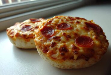 Two freshly baked pepperoni english muffin pizza halves topped with melted, bubbly cheese.