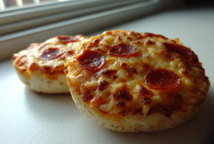 Two freshly baked pepperoni english muffin pizza halves topped with melted, bubbly cheese.