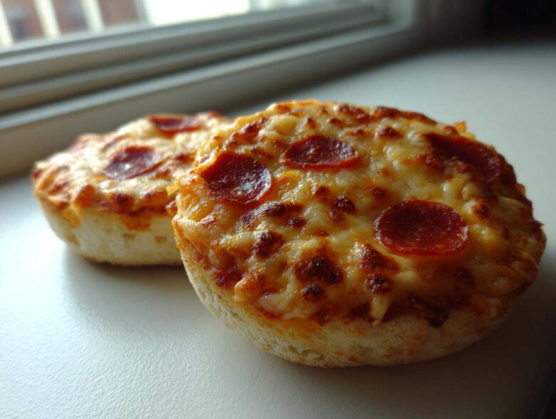 Two freshly baked pepperoni english muffin pizza halves topped with melted, bubbly cheese.
