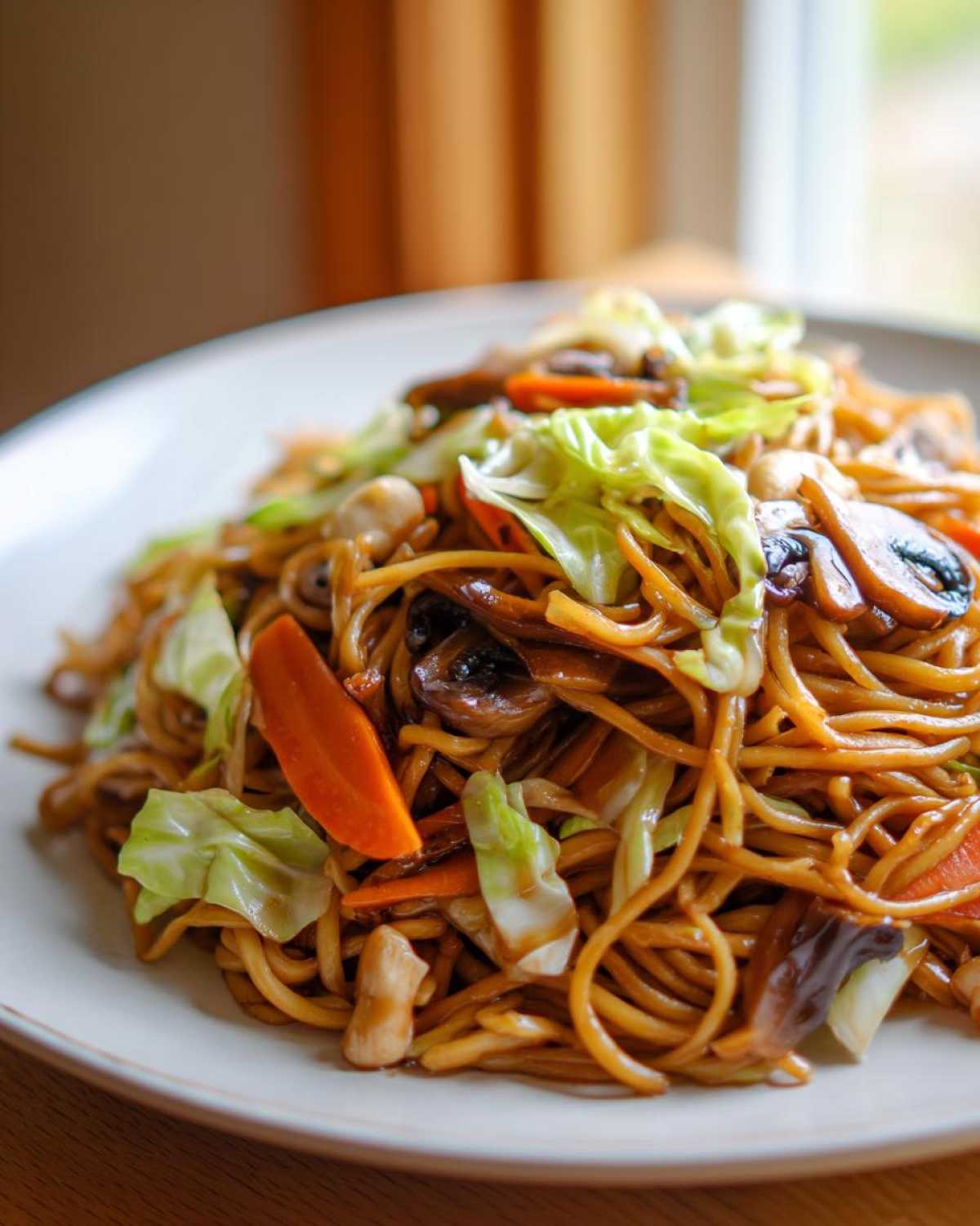A close-up of a delicious serving of chicken chow mein recipe, featuring noodles, cabbage, carrots, and mushrooms.