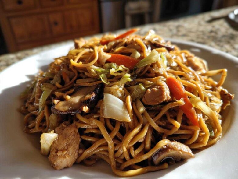A close-up of a plate piled high with homemade chicken chow mein recipe, featuring noodles, chicken pieces, carrots, and mushrooms.