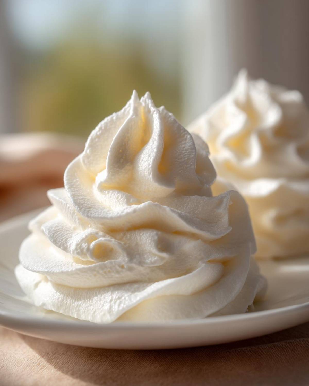 Close-up of a perfectly piped swirl of light, fluffy cream cheese frosting on a white plate.