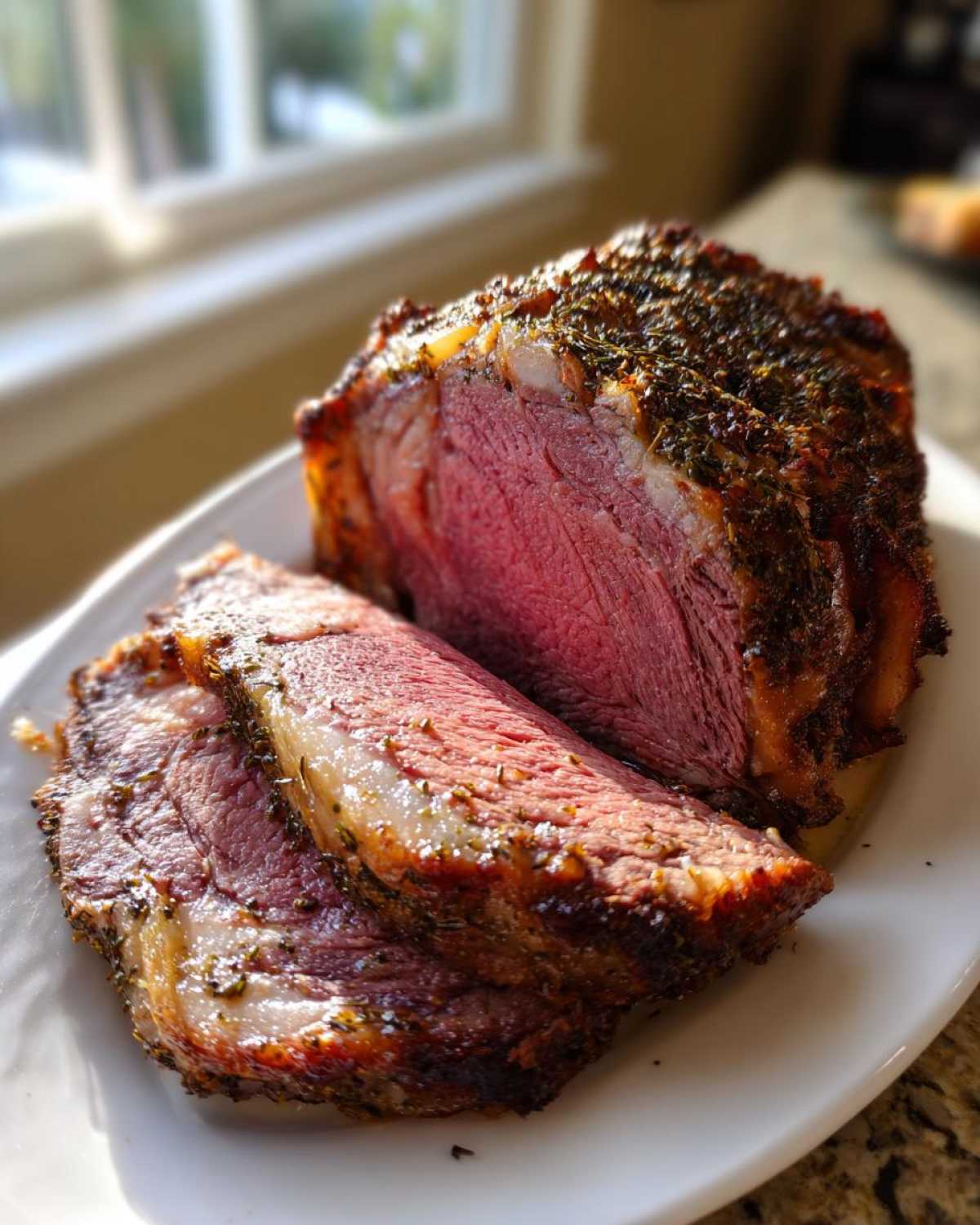 Close-up of a beautifully roasted prime rib, sliced to show a perfect medium-rare center and herb crust.