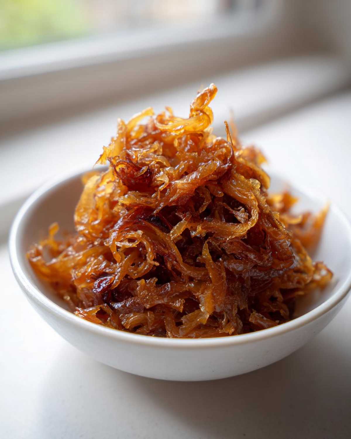 A close-up of rich, deeply browned caramelized onions piled high in a small white bowl.