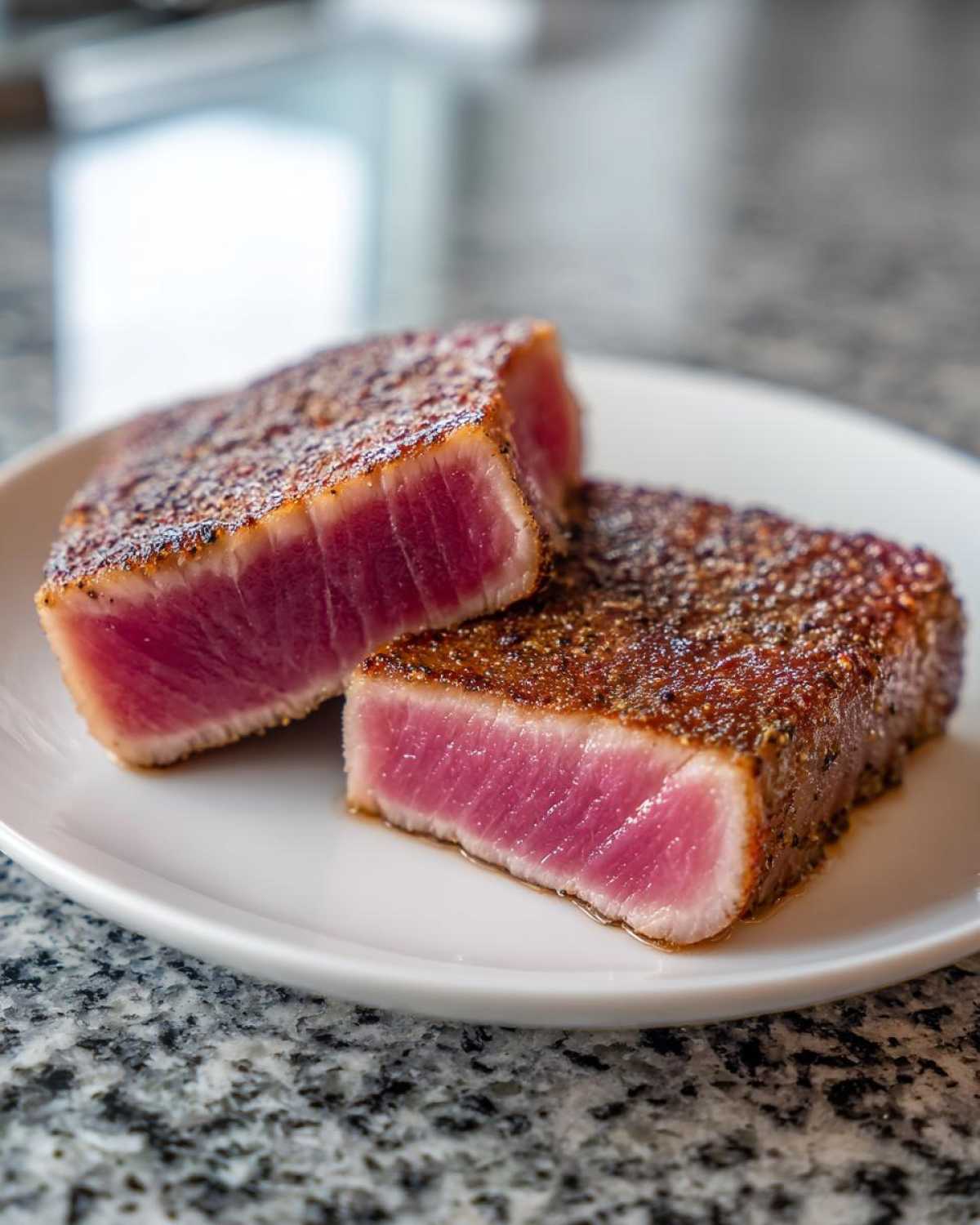 Two perfectly seared Tuna Steaks, cut to show the rare, pink center, resting on a white plate.