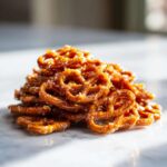 A close-up pile of shiny, homemade toffee pretzels stacked on a bright white marble surface.