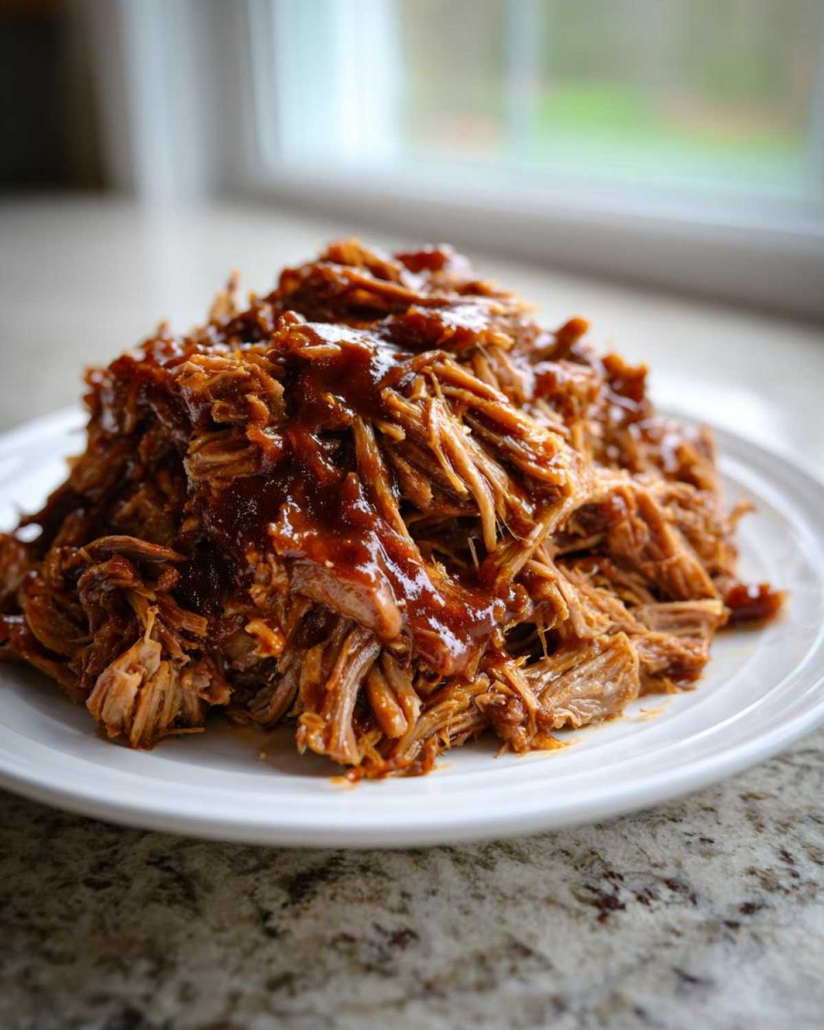 A generous mound of saucy, shredded pioneer woman slow cooker pulled pork served on a white plate.