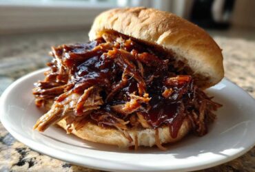A juicy sandwich piled high with saucy pioneer woman slow cooker pulled pork on a soft bun, served on a white plate.