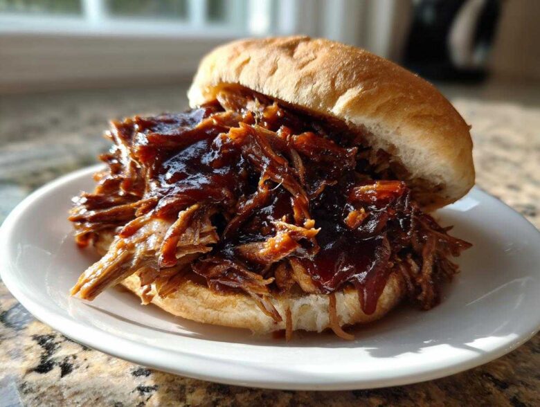 A juicy sandwich piled high with saucy pioneer woman slow cooker pulled pork on a soft bun, served on a white plate.