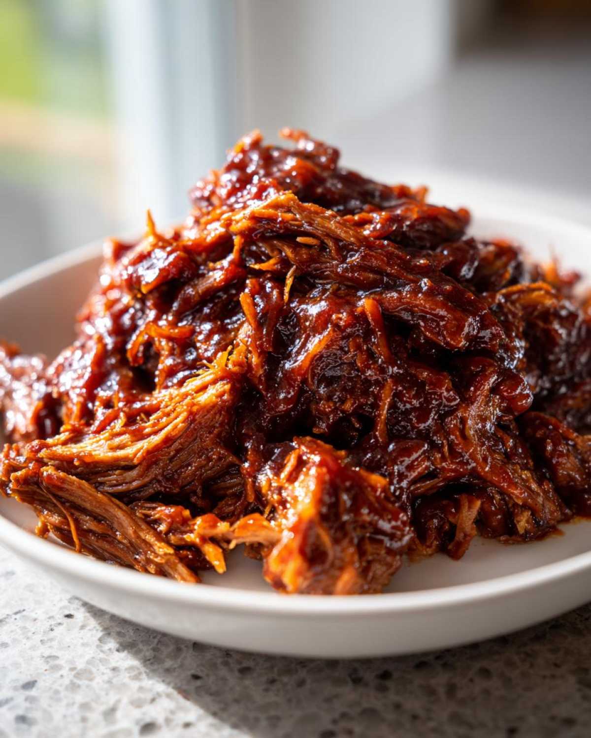 Close-up of tender, saucy pioneer woman slow cooker pulled pork piled high on a white plate.