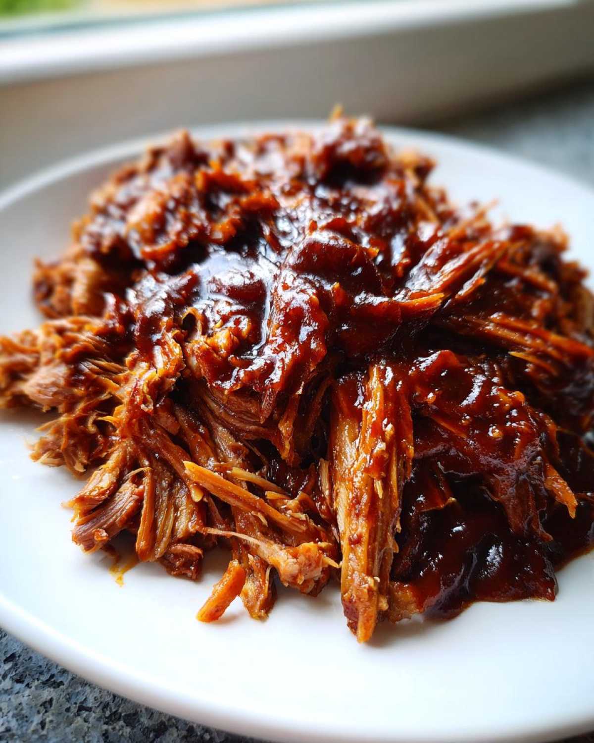 A close-up shot of shredded, saucy pioneer woman slow cooker pulled pork piled high on a white plate.