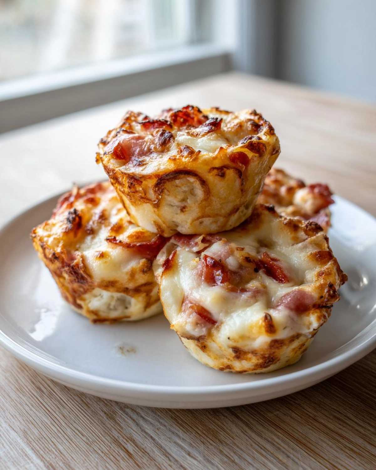 A stack of three freshly baked Pizza Muffins topped with melted cheese and pepperoni, served on a white plate.