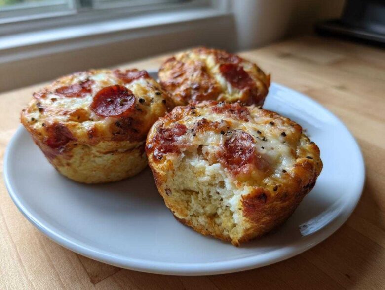 Three golden-brown Pizza Muffins topped with melted cheese and pepperoni slices, served on a white plate.