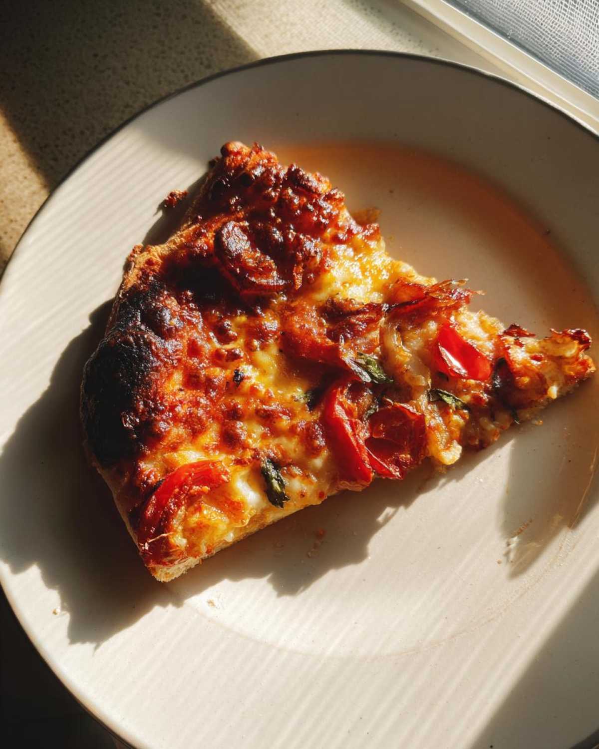 A crispy slice of pizza with melted cheese and tomatoes, made from sourdough discard pizza dough, sits on a plate.