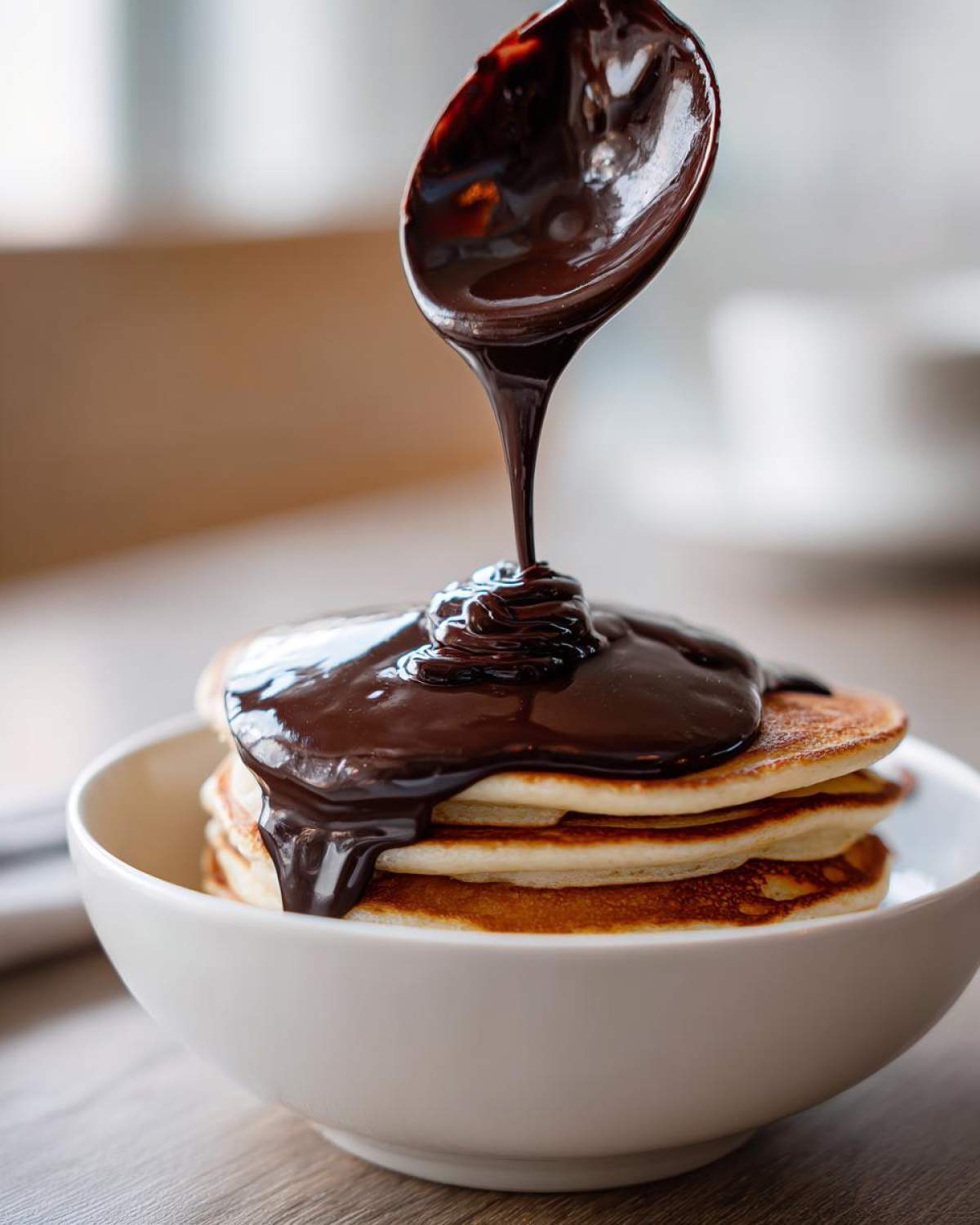 A spoonful of rich, glossy chocolate sauce recipe being poured over a stack of fluffy pancakes in a white bowl.