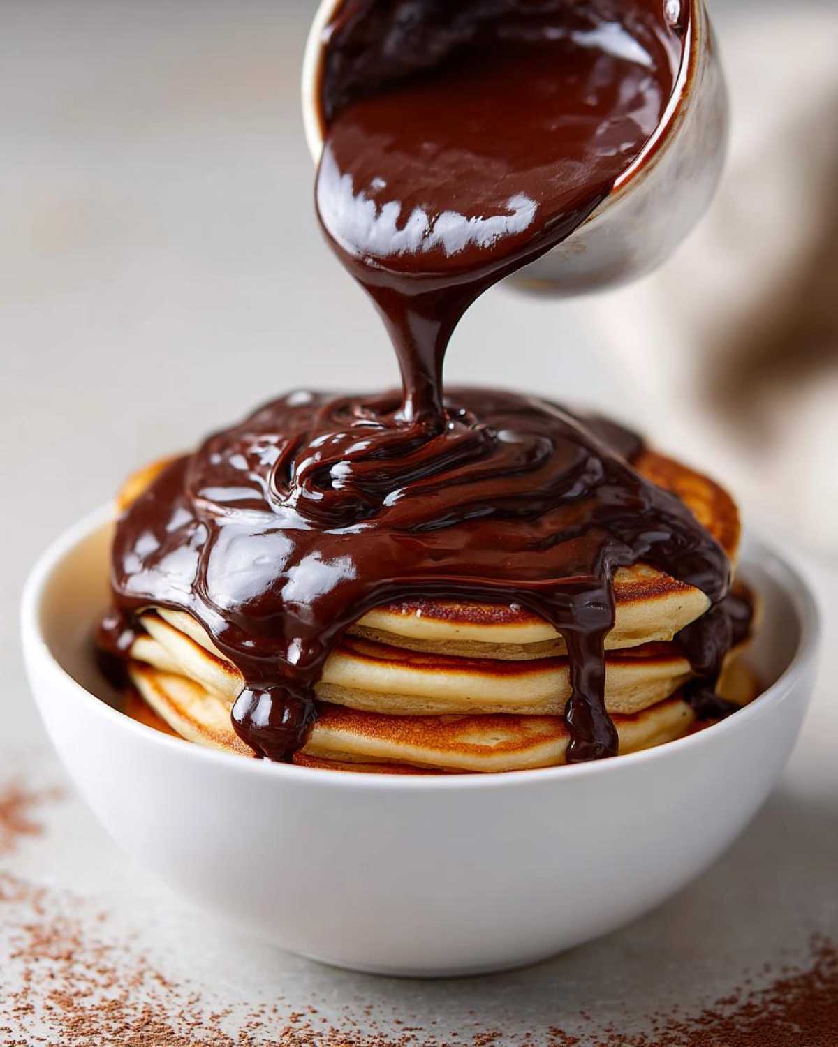 Rich, glossy chocolate sauce recipe being poured from a small ladle onto a stack of pancakes in a white bowl.